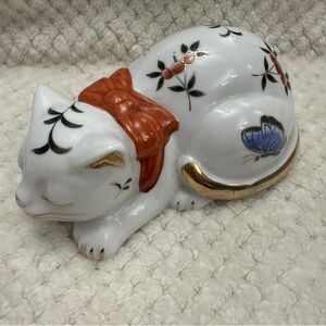 Japanese Kutani Cat Figurine with Red Bow and Floral Design